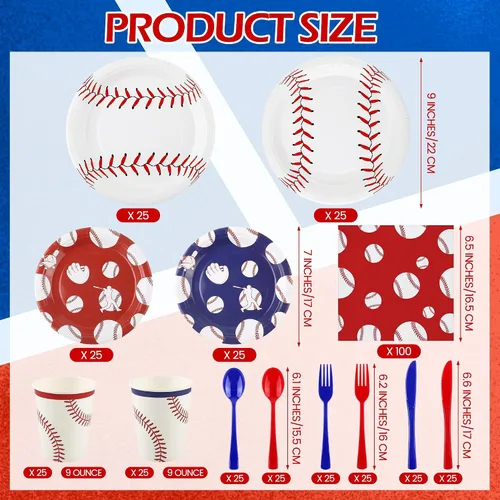 Vista 2 de Kochorie Juego de vajilla desechable de béisbol de 400 piezas, suministros para fiestas de béisbol con platos, tazas, servilletas, cubiertos para 50
