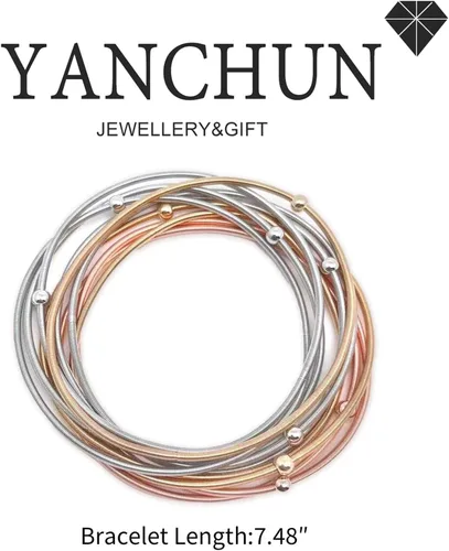 Vista 7 de YANCHUN 10 pulseras de cuerda de guitarra para mujer, pulseras de hilo en capas, pulseras elásticas plateadas, pulseras de oro, joyería