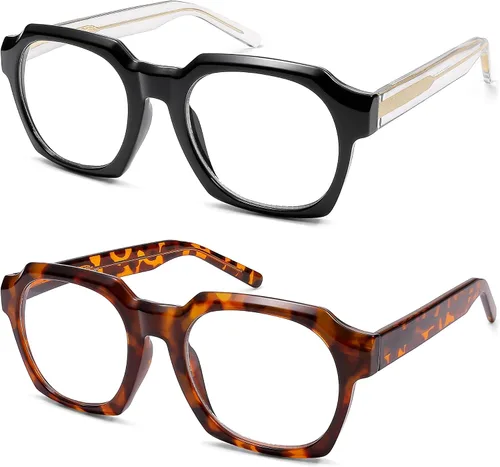 Vista 2 de AMOMOMA - Paquete de 2 gafas de lectura retro cuadradas para mujeres y hombres, montura de ordenador con bisagra de resorte y protección contra luz