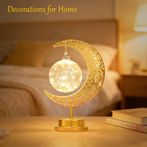Vista 3 de Lámpara de luna con globo colgante, lámpara de mesa decorativa de luna creciente, funciona con pilas, decoración islámica de metal retro, luz LED