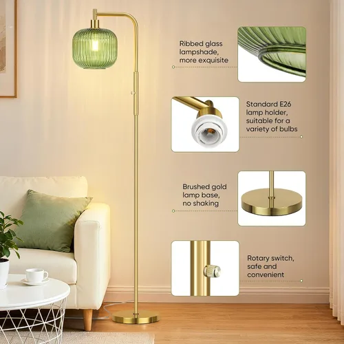 Vista 5 de QiMH Lámpara de pie de vidrio para sala de estar, lámpara de pie moderna con pantalla de vidrio acanalada verde, interruptor giratorio regulable