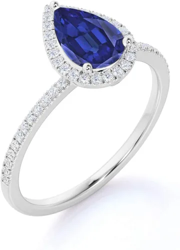 Vista 2 de PB Collection Anillo de compromiso de zafiro azul en forma de pera de plata de ley 925, chapado en oro blanco de 14 quilates