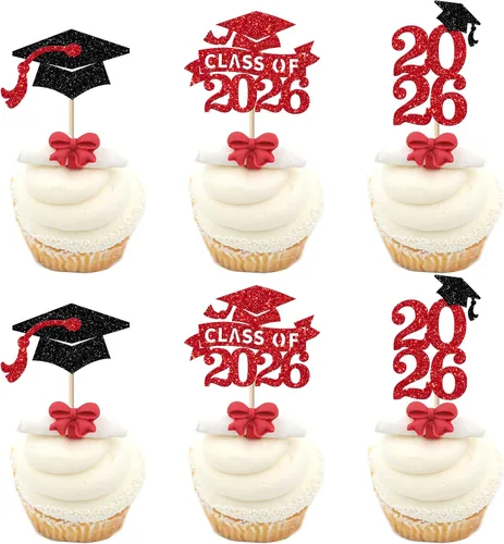 Vista 26 de Paquete de 24 adornos para cupcakes de clase de 2026 con purpurina 2026 para diploma de graduación 2026, selecciones para cupcakes para graduación