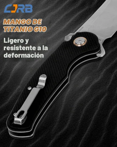 Vista 4 de CJRB - Navaja de bolsillo con hoja de acero AR-RPM9 de 3.3 pulgadas, mango Mango negro G10