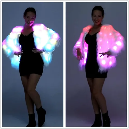 Vista 4 de SHINYOU Chaqueta de piel sintética para mujer, chaqueta con luz LED, para Halloween, Navidad, festival de música, regalo, abrigo de noche