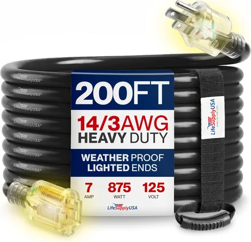 Vista 132 de Cable de extensión SJT de 12/3 300 V con luz LED para uso en interiores y exteriores con enchufe con iluminación LED Amarillo