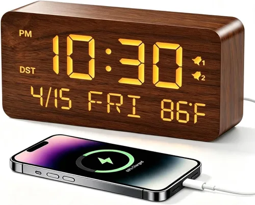 Vista 11 de Reloj despertador digital de madera de bambú premium con cargador de teléfono inalámbrico, puertos de carga USB duales, pantalla LED regulable