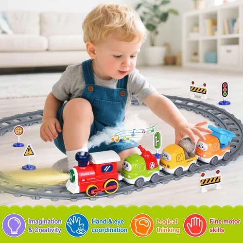 Vista 4 de Juego de Tren para Niños Pequeños con Vapor, Sonido y Luces, Juguetes para Niños de 2 a 4 años, Juego de Tren Eléctrico con Pistas y Señales