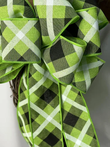 Vista 2 de Lime green, black, white plaid bow for Easter St Patrick's Day Wreaths, Gifts, Front Door Decoration, Lanterns