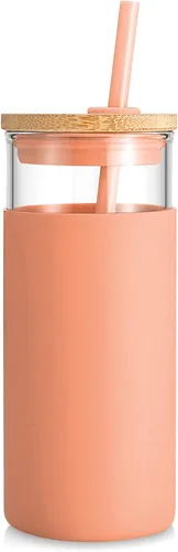 Vista 15 de Tronco Vaso de vidrio de 20 onzas con tapa y popote, taza de café helado y vaso para batido con tapas de bambú y funda protectora de silicona, apto
