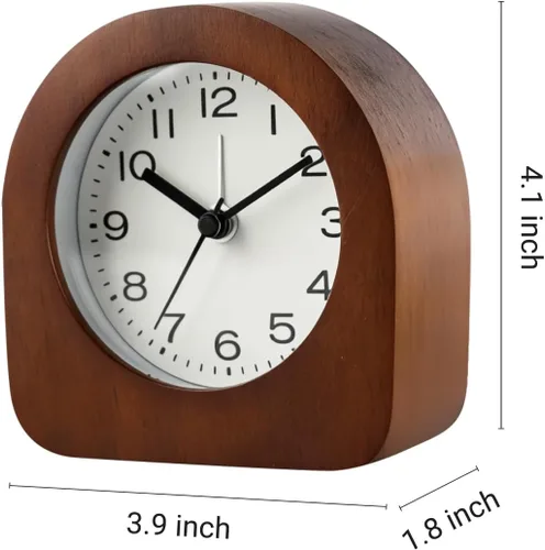 Vista 2 de Reloj despertador analógico vintage de madera maciza, funciona con pilas, con luz nocturna no interrumpida, reloj despertador sin tictac con botón