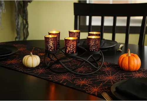 Vista 8 de Portavelas de Halloween Decoración de Centro de Mesa – Portavelas de Hierro Metal Negro de 6 Copas para Velas Votivas y de Té para Mesa Espeluznante