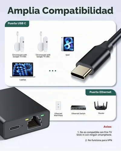 Vista 5 de ZEXMTE Adaptador USB C a Ethernet para Chromecast con Google TV, adaptador de red Ethernet USB C a Rj45, compatible con Chromecast Google TV