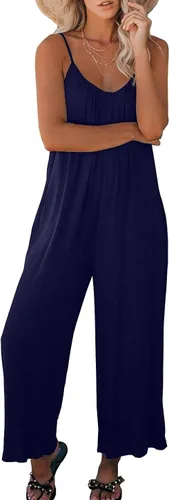 Vista 3 de Overol casual sin mangas para mujer, cuello en V, correa ajustable, pantalones largos sueltos con bolsillos