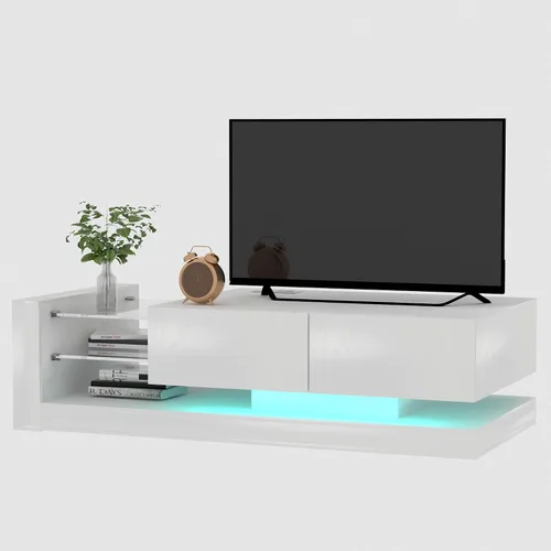 Vista 6 de Linique Soporte de TV multifuncional con luz LED, sistema de música, 2 puertos USB y 2 salidas de CA, moderno centro de entretenimiento con 2