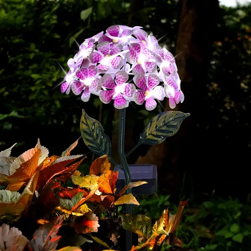 Vista 7 de Hortensia solar con 26 luces LED, estaca de metal para tierra, 3 colores, decoración de estaca de flores para exteriores (azul)