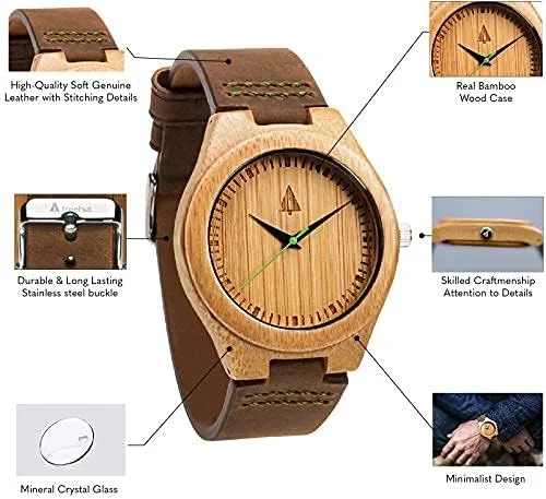 Vista 3 de Treehut - Reloj de pulsera analógico para hombres, de madera con correa de piel auténtica, estilo elegante.