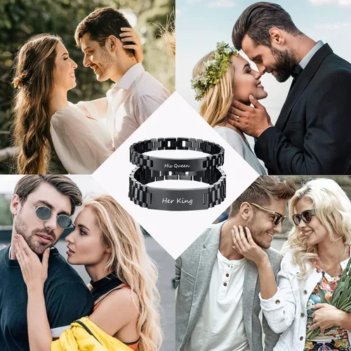 Vista 7 de Pulsera de acero inoxidable con frase de amor grabada para parejas y enamorados esposa esposo novio novia regalo para día de San Valentín