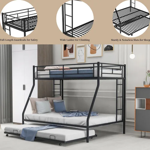 Vista 5 de Litera de metal individual sobre cama matrimonial con nido, marco de cama de metal resistente de acero resistente con escaleras de dos lados