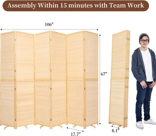 Vista 6 de Divisor de pared de bambú de 6 paneles, 106 pulgadas de ancho x 67 pulgadas de alto, diseño plegable con base extra estable, pantalla divisora