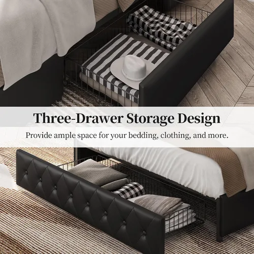 Vista 7 de Topeakmart Base de cama de plataforma tapizada tamaño Queen con cabecera ajustable en altura y 3 cajones de almacenamiento, base de colchón de piel