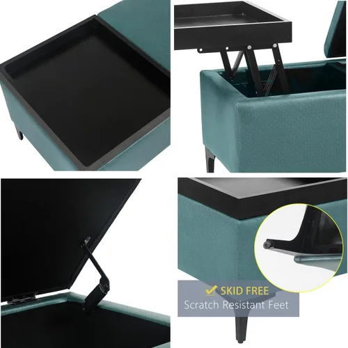 Vista 5 de Joveco Mesa auxiliar rectangular con bandeja elevadora, banco otomano de almacenamiento con patas de metal, banco tapizado en el extremo de la cama