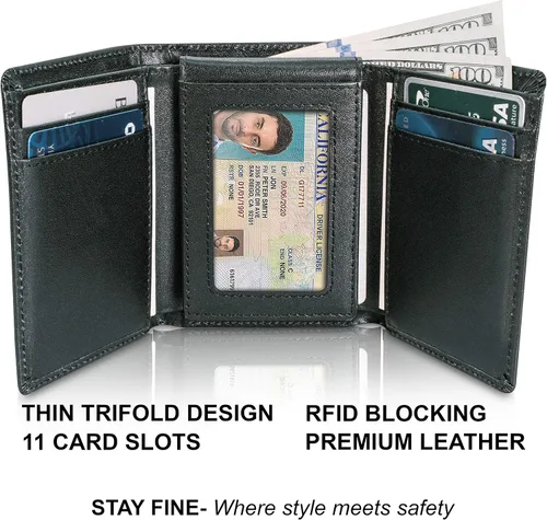 Vista 2 de STAY FINE Billetera de cuero RFID triple para hombre con identificación abatible, soporte delgado para tarjetas de capacidad extra, listo
