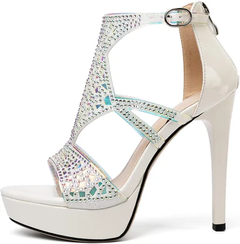 Vista 2 de Eldof Sandalias de tacón alto para mujer, sandalias de plataforma con tiras y puntera abierta, tacones de gladiador recortados con piedras