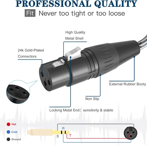 Vista 4 de JOLGOO XLR hembra a 1/4 pulgada 0.250 in TRS Cable adaptador XLR a cable de conexión de cuarto de pulgada, 1 pie, para micrófono, mezclador