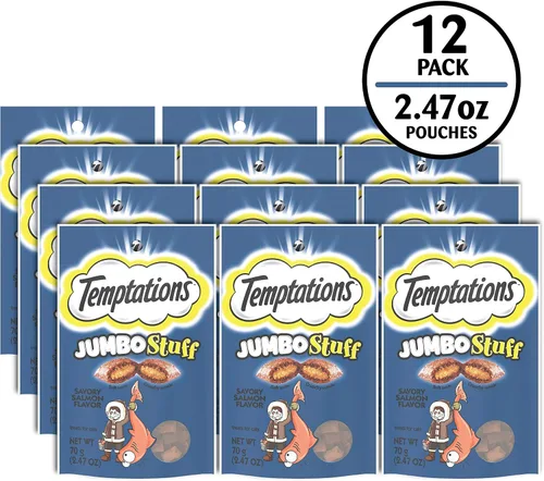 Vista 2 de TEMPTATIONS Jumbo Stuff Crunchy and Soft Cat Treats Savory Salmon Flavor, bolsa de 2.5 onzas (paquete de 12)