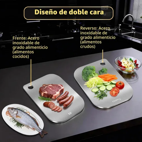 Vista 3 de KickFry Tabla de cortar de acero inoxidable para cocina, tabla de cortar de acero inoxidable de 13 x 9 pulgadas, tabla de cortar de doble cara