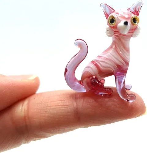 Vista 11 de Figura de cristal en miniatura de gato pequeño, animal de vidrio soplado hecho a mano, bonita escultura de gato coleccionable, regalo de decoración