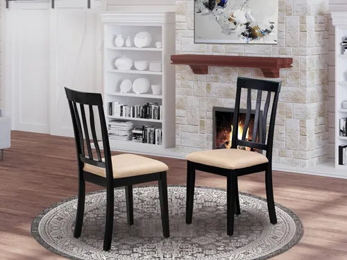 Vista 2 de East West Furniture ANC-BLK-C - Sillas de comedor antiguas, sillas de madera tapizadas de tela de lino, juego de 2, color negro