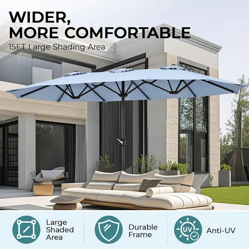 Vista 63 de Sombrilla de doble cara para patio de 15 x 9 pies con base y manivela, sombrilla rectangular extragrande para patio, césped y jardín, beige