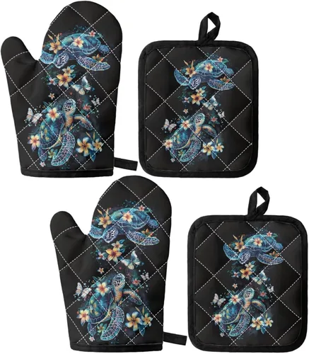 Vista 11 de UNICEU Juego de 4 manoplas de horno personalizadas y soportes para ollas, decoración de cocina, guantes protectores personalizados para hornear