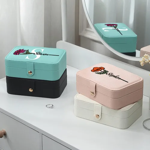 Vista 2 de Caja organizadora de joyas de viaje pequeña personalizada para niñas y mujeres, caja de joyería portátil personalizable, nombre de flor