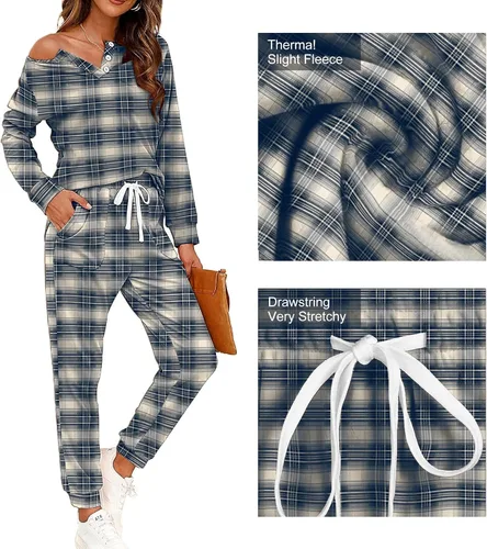 Vista 7 de Wiholl - Conjuntos de dos piezas para mujer: ropa cómoda con sudadera abotonada y pantalones deportivos con bolsillos