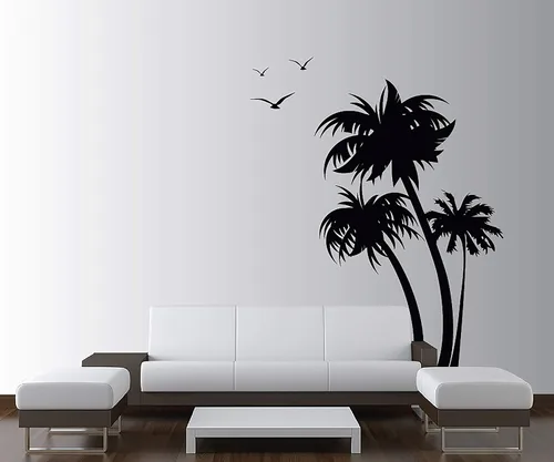 Vista 2 de Innovative Stencils 1132 84 mblack mirror Palm Coconut Tree Nursery Wall Decal with Seagull Birds, color blanco