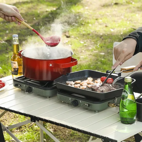 Vista 8 de Estufa de camping de propano de 2 quemadores, estufa de gas plegable portátil para acampar con 17200 BTU, dos quemadores ajustables con mango