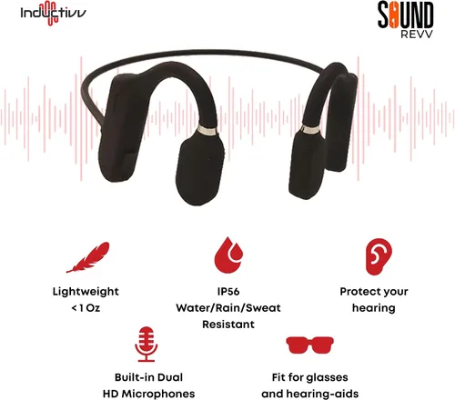 Vista 5 de Inductivv - Auriculares de conducción ósea con sonido Revv, auriculares abiertos inalámbricos Bluetooth para correr con micrófono, IP56