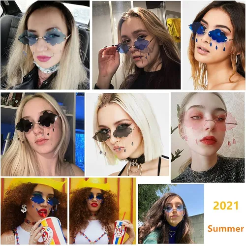 Vista 2 de LASPOR Gafas de sol retro sin montura para mujeres y hombres vintage de metal sin marco con colgante de cristal de lluvia protección UV400