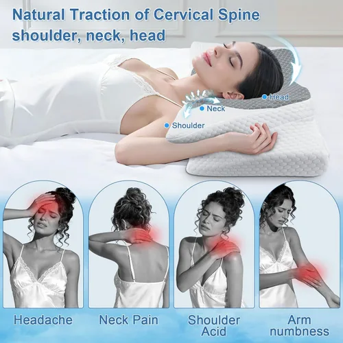 Vista 3 de SAHEYER Almohada cervical para el cuello, almohada de espuma viscoelástica para aliviar el dolor de cuello y ronquidos, almohada ergonómica para Gris