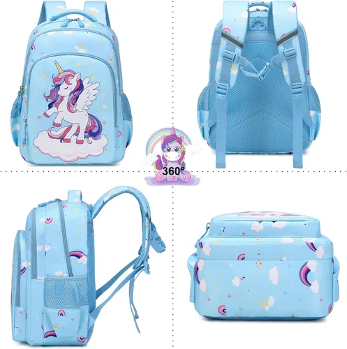 Vista 3 de Dafelile Mochila de unicornio para niñas de primaria, mochila para niños, mochila escolar para niñas, juego 3 en 1 para volver a la escuela