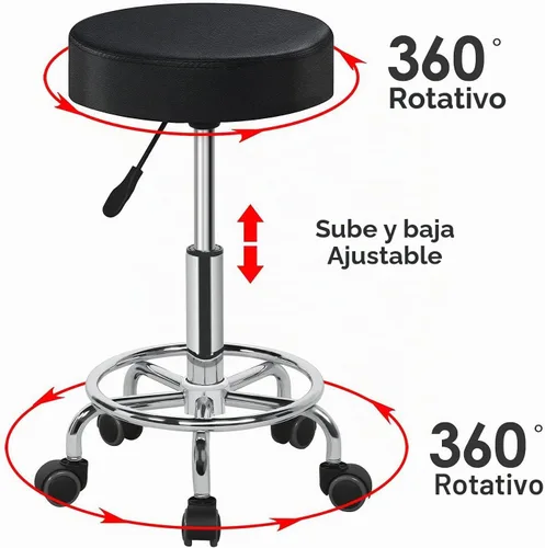 Vista 8 de Yaheetech Silla de spa ajustable con ruedas, taburete redondo pequeño, silla de tatuaje, color negro