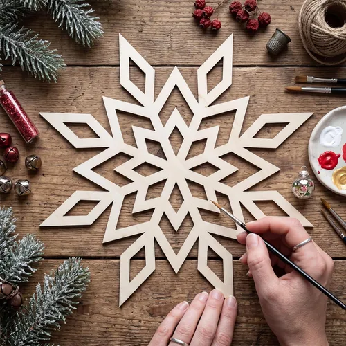 Vista 8 de 12 piezas de copos de nieve de madera sin terminar de 8 pulgadas para manualidades, adorno de copo de nieve de madera, decoración de pared colgante
