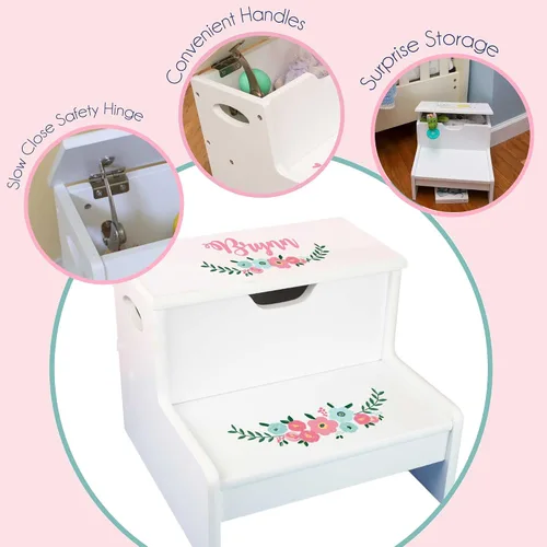 Vista 6 de Taburete infantil personalizado de mar y marino blanco con almacenamiento