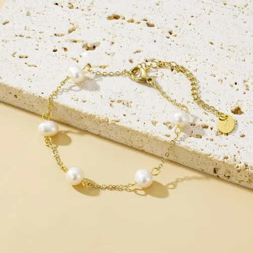 Vista 2 de Pulseras de perlas de oro para mujer, pulsera delicada de 14 quilates, pulsera ajustable a la moda, joyería vintage delicada de San Valentín