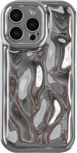 Vista 13 de Caseative para iPhone 14 Pro Max, Funda de Plástico Blando con Cubierta de Cromo Ondulado de Burbuja de Meteorito (Negro) Water Ripple Wave