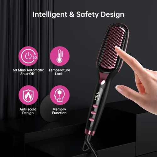 Vista 4 de OMTech Cepillo alisador de pelo, cepillo térmico para mujeres con antiquemaduras, bloqueo automático de temperatura y apagado automático