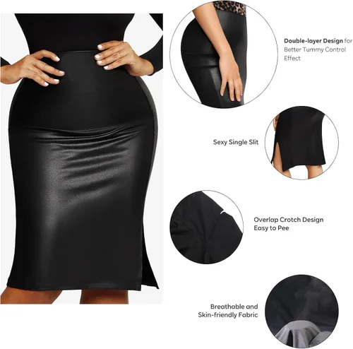 Vista 4 de Popilush Faldas moldeadoras de piel sintética con faja moldeadora integrada de cintura alta, color negro, bodycon dividido, falda midi para mujer